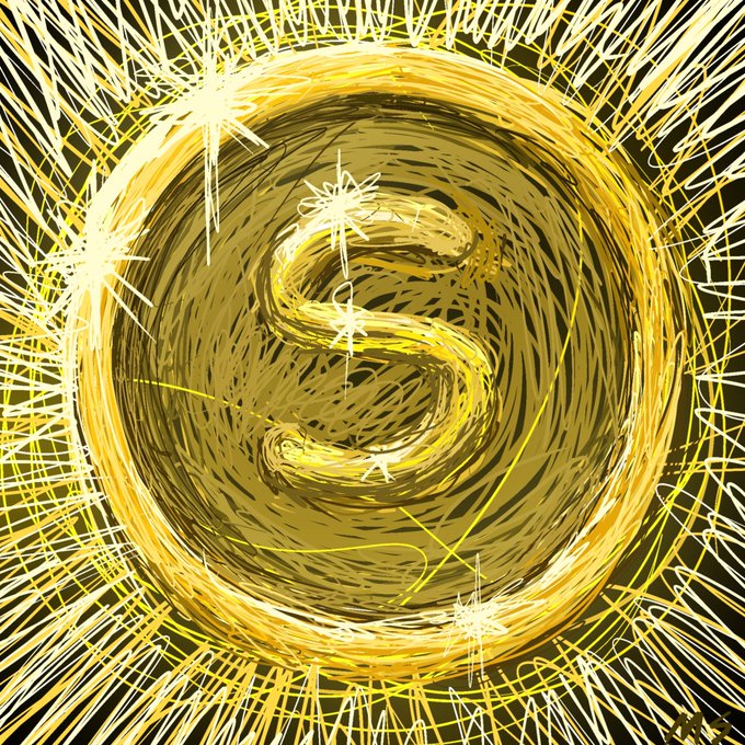 An abstract illustration of a glowing golden 'S' symbol surrounded by radiant yellow and white sparks against a black background.