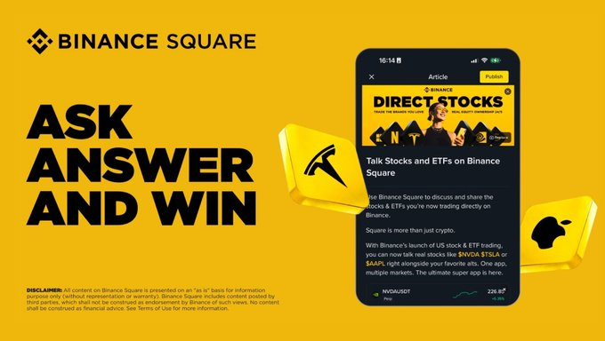 The image features a phone screen with an advertisement for Ask Answer and Win, which is related to Bitcoin Square. The phone displays two yellow squares that say "ask answer" and "win", along with text promoting the game.