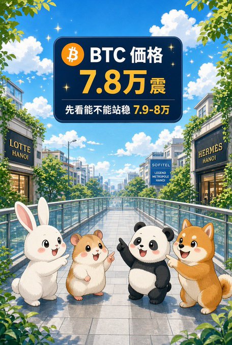An animated illustration shows cartoon animals (rabbit, hamster, panda, fox) pointing at a billboard reading 'BTC 價格 7.8万震, 先看能不能站穩 7.9-8万' in a city with 'LOTTE HANOI' and 'HERMES HANOI' stores.