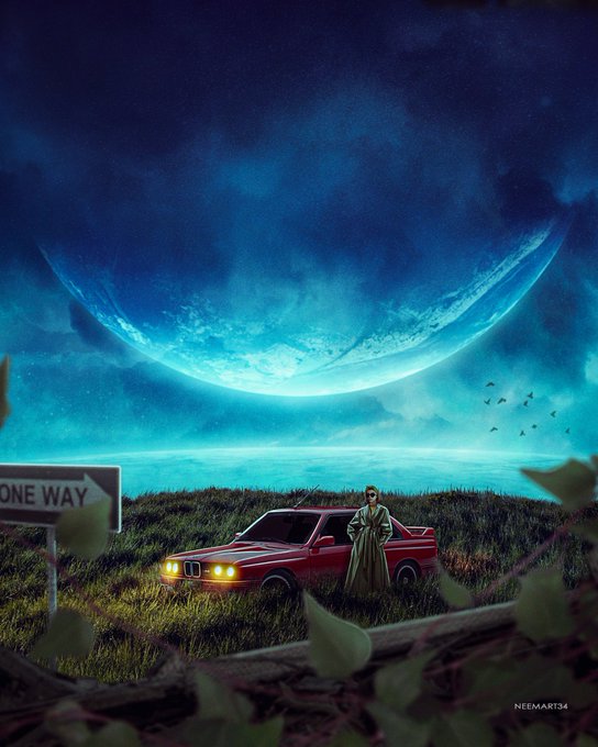A digital illustration signed by NEEMART34 depicting a person standing next to a red vintage BMW coupe in a grassy field under a large crescent moon and starry night sky, with a "ONE WAY" sign on the left.