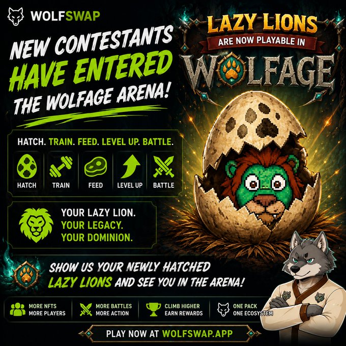The image features a cartoon lion inside an egg with a caption that reads "Your lazy lion. Your legacy. Your dominance." This suggests that the image is related to the game Wolfage, which is about breeding and raising animals. The post also mentions that the game has been updated to include new challenges and gameplay mechanics, indicating that it is now fully playable in Wolfage.

The caption "@LazyLionsNFT are now fully gameplayable inside Wolfage on @wolfswapdotapp" implies that the NFTs (Digital Tokens) of lazy lions have been successfully integrated into the game, and players can now enjoy the game with their NFTs. The post also mentions a few more details about the game's updates, such as the addition of new challenges and gameplay mechanics.