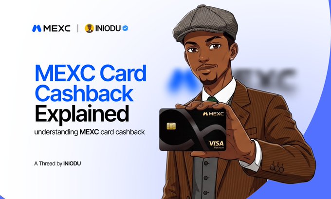 A promotional graphic titled 'MEXC Card Cashback Explained' showing a cartoon character in a brown suit holding a black MEXC Visa Platinum card.