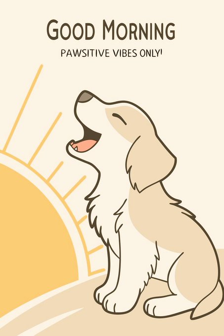 A cheerful illustration of a happy golden puppy sitting beside a rising sun, with the text "Good Morning - Pawsitive Vibes Only!" above it. The image's sunny, uplifting vibe complements the post's friendly morning greeting, while the playful "pawsitive" pun echoes the lighthearted tone of the message promoting River's staking rewards.