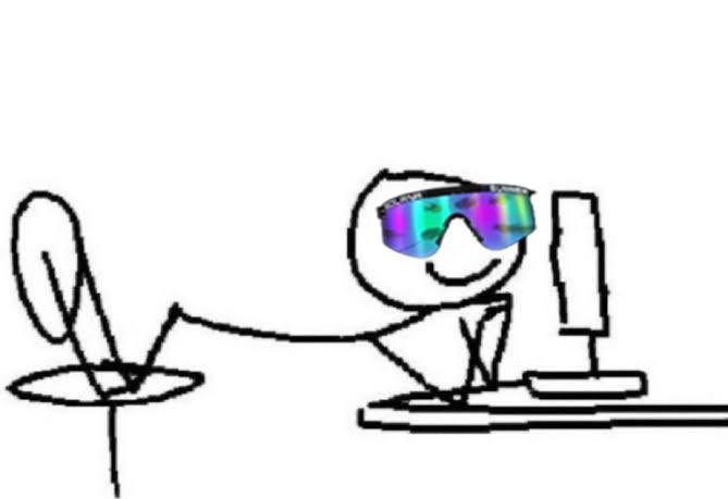 A stick figure wearing iridescent rainbow sunglasses sits at a desk with a computer and writes in a notebook, looking cool and engaged. The image relates to the post by humorously suggesting the stick figure has insider knowledge about an upcoming exciting event happening next week.