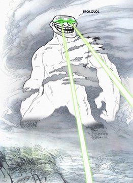 A massive snow troll (yeti) fires green laser beams from its glowing eyes with the sound effect "TROLLOLLOL" appearing above its head, visually representing the troll army mentioned in the post. The meme ties to the post's playful boast about a community of 64,120 holders of the $Troll token joining together to "make history."