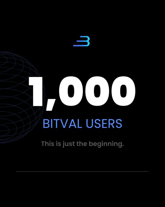 Promotional graphic displaying '1,000 BITVAL USERS' with the tagline 'This is just the beginning.' and a Bitval logo on a black background.