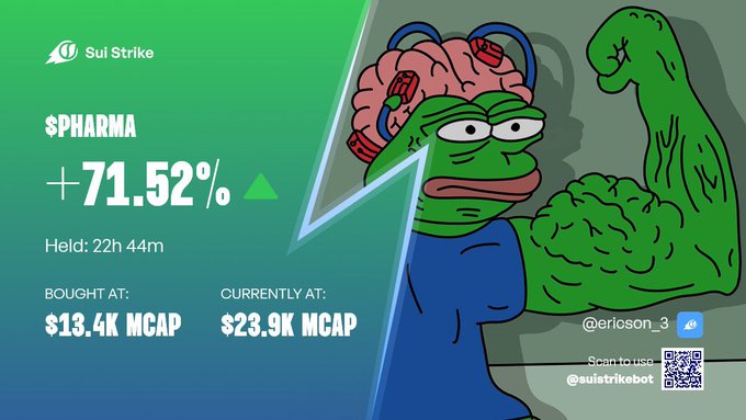 A crypto promotional graphic by 'Sui Strike' features a muscular green Pepe-style character flexing, advertising '$PHARMA' with a +71.52% gain, bought at $13.4K MCAP and currently at $23.9K MCAP, tagged @ericson_3.