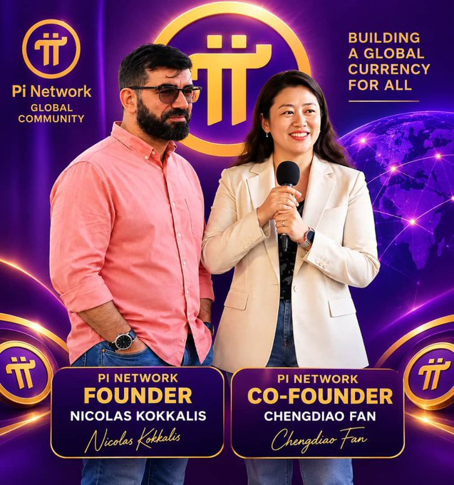 This promotional image for Pi Network features the cryptocurrency's founders, Nicolas Kokkalis (identified as Founder in a coral shirt and sunglasses) and Chengdiao Fan (identified as Co-Founder in a cream blazer holding a microphone), standing together against a purple backdrop with a golden globe and the Pi Network logo, embodying the "Global Community" message. The image directly supports the accompanying post's theme of partnership and shared purpose, visually reinforcing the tagline "Building a Global Currency For All" and the couple's message of love, unity, and collective effort to create a better future for humanity.