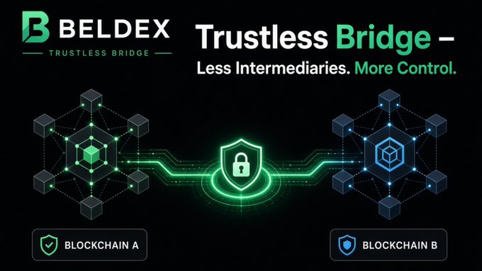 A promotional banner for BELDEX advertising a "Trustless Bridge" with the tagline "Less Intermediaries. More Control." showing a green blockchain network connecting to a blue blockchain network via a padlock shield icon.