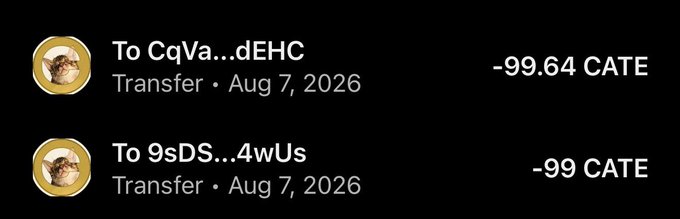 The image shows two recent CATE token transfers dated Aug 7, 2026, with amounts of -99.64 CATE and -99 CATE sent to different addresses, supporting the user's post about claiming the $CATE airdrop.