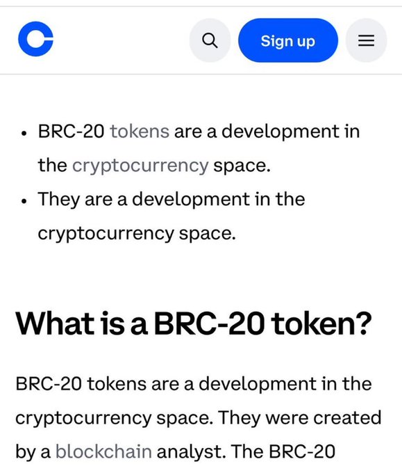 The image shows a Coinbase webpage featuring information about BRC-20 tokens, with the header asking "What is a BRC-20 token?" and explaining that BRC-20 tokens are a development in the cryptocurrency space created by a blockchain analyst. This relates to the breaking news that Coinbase is adding support for BRC-20 tokens, as the webpage appears to be Coinbase's informational resource explaining these tokens to its users ahead of the exchange's integration.