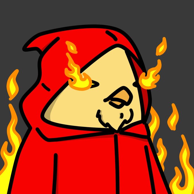 A cartoon wizard in a red hooded robe stands surrounded by flames, with the left eye ablaze and a confident smirk, embodying the "Fire Wizard" character of the Canary 4-Real Supreme NFT sold on @xrpcafe.
