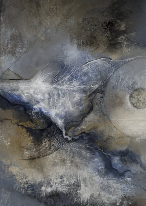 An abstract painting featuring swirling white, blue, and grey smoke-like forms over an earthy, textured background with a signature in the bottom right corner.