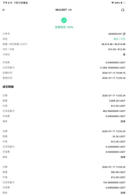 This image displays a cryptocurrency transaction detail for MUUSDT, showing a completed trade with a transaction number 2000092107 and a price of 812.00 USDT. The accompanying post discusses a market crash, attributing it to the semiconductor sector rather than cryptocurrencies, and questions whether it's time to buy the dip.