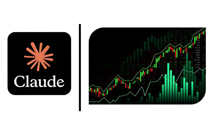 The image shows the Claude AI logo on the left next to a stock market candlestick chart on the right, visually representing the post's claim about using Claude for stock analysis and trading decisions with curated prompts.