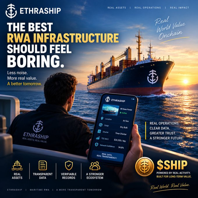 A promotional graphic for 'ETHRASHIP' advertises RWA (Real World Asset) infrastructure, featuring a man on a boat looking at a phone displaying ship tracking data against a sunset maritime backdrop.