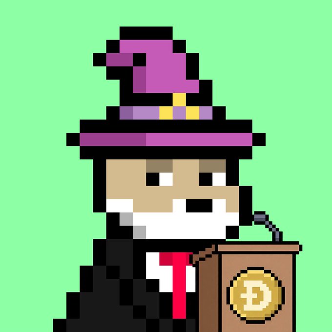 A pixel art illustration of a character wearing a purple top hat and black coat standing at a podium with a gold 'D' coin emblem on a green background.