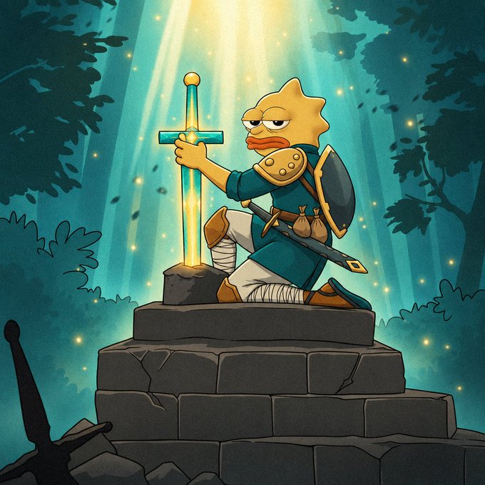 An animated illustration shows a fish-like warrior in armor kneeling on stone steps, planting a glowing blue sword into a rock in a mystical forest.
