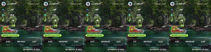 Side-by-side comparison of five hiking activity screenshots showing 'WALKER #104753383' with stats like km, Time, and Avg Speed (4.01, 5.54, 5.37, 5.14, 4.50), all marked 'STEPN ✗ GO'.