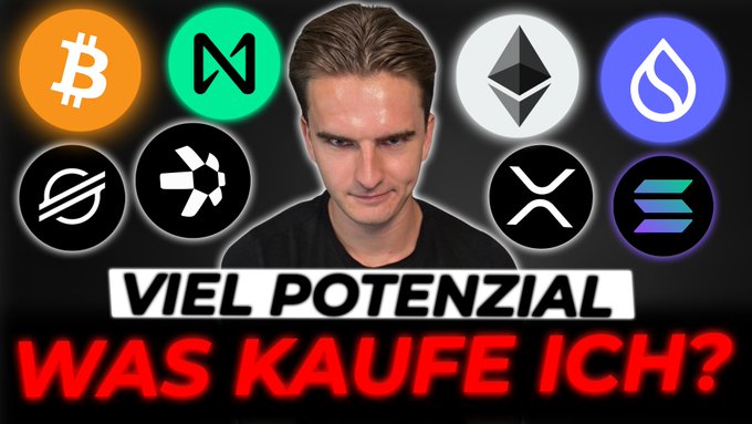 The image shows a man surrounded by cryptocurrency logos including Bitcoin, Near, Ethereum, Sui, Stellar, XRP, and Solana, with the German text "VIEL POTENZIAL WAS KAUFE ICH?" (Much potential, what should I buy?) displayed prominently. This aligns with the YouTube post discussing crypto and altcoin buying opportunities.