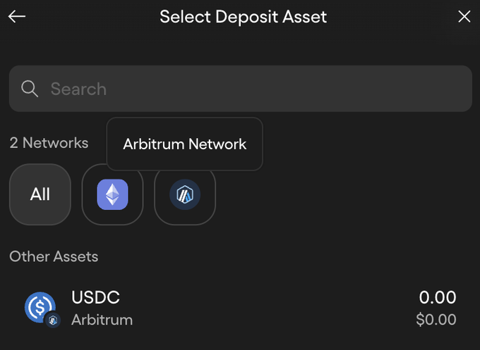 A dark-themed "Select Deposit Asset" interface displays a search bar, network filters showing "2 Networks" with "All," Arbitrum, and another network selected, and a USDC balance of 0.00 on Arbitrum listed under "Other Assets." The image relates to the post by showcasing Arbitrum as a deposit option, likely in the context of the OndoPerps platform.