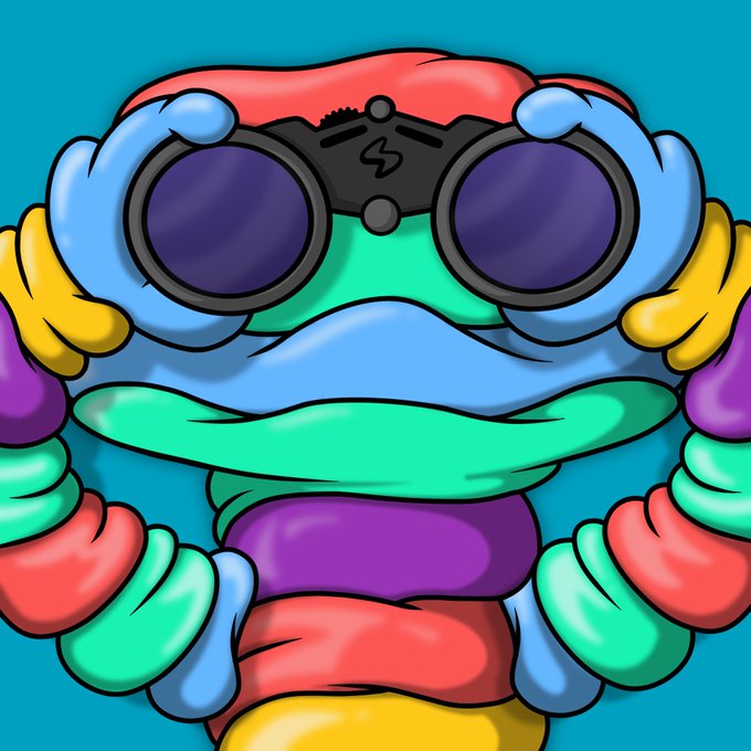 A cartoon frog wearing dark goggles peers through a frame made of colorful, twisted rope-like shapes against a teal background, with a small lightning bolt emblem on the goggles.

The whimsical frog imagery ties into the meme-like search for a potential "SnekFun" token, using the playful, degen-aesthetic to grab attention from crypto traders hunting for the next 1M market cap gem.