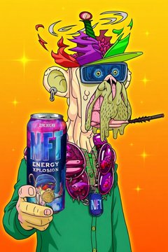 A vibrant cartoon illustration of a character with sunglasses, an open mouth, and colorful accessories holding an NFT energy explosion can with 'NF EXPLOSION' text.
