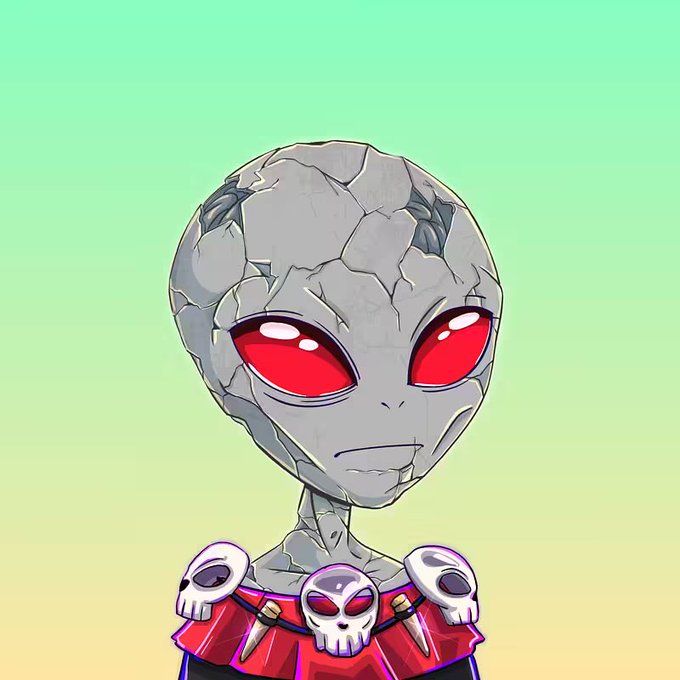 A digital illustration of a gray, rock-textured alien character with large red eyes wearing a red outfit adorned with small white skulls.