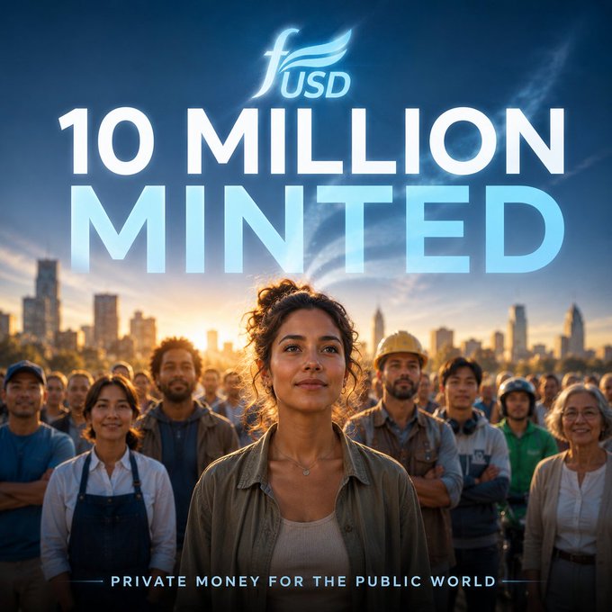 The image shows a group of people gathered outdoors against a bright blue sky backdrop with city buildings. The title "10 Million Minted" is displayed prominently above them, possibly indicating an event or promotion related to this subject. Additionally, there's a banner that says "Private money for the public", which seems to be a call-to-action message encouraging people to use private money instead of government funds. This image could be promoting financial responsibility and transparency in society.