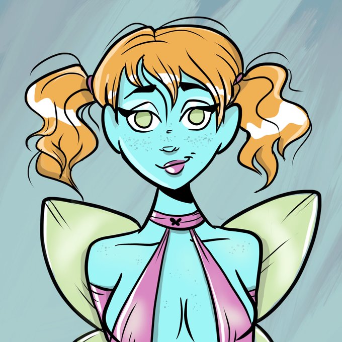 A cartoon illustration of a blue-skinned female character with orange pigtails, freckles, and a pink and green outfit.