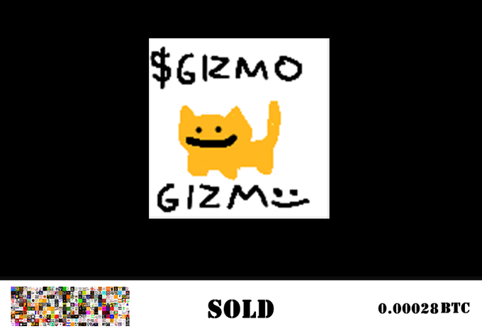 A simple digital artwork featuring a yellow smiling cat-like figure on a white background with the text '$GIZMO' above and 'GIZMO' below, labeled 'SOLD' at 0.00028 BTC.