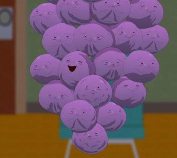 A meme image from an animated show featuring a cluster of round, purple blob-like faces with varying expressions, all emerging from a teal bin.
