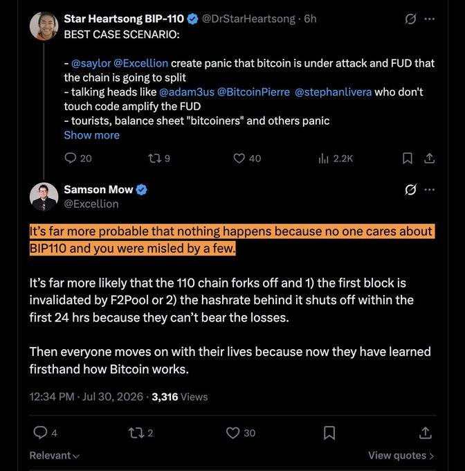 A screenshot of a Twitter/X exchange where Star Heartsong BIP-110 (@DrStarHeartsong) describes a 'BEST CASE SCENARIO' involving panic and FUD about Bitcoin splitting, and Samson Mow (@Excellion) replies that it's 'far more probable that nothing happens because no one cares about BIP110 and you were misled by a few.'