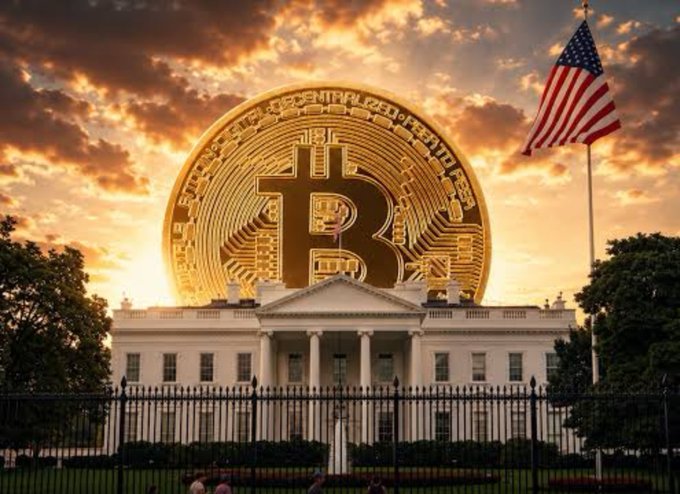 A giant Bitcoin coin rises dramatically behind the White House with an American flag flying overhead under a sunset sky, symbolizing the U.S. government's engagement with cryptocurrency ahead of tomorrow's White House crypto summit. The text "DIGITAL • DECENTRALIZED • PEER TO PEER" is visible encircling the coin.