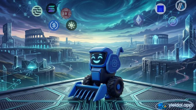 A vibrant, futuristic landscape illustration featuring a blue robot character with a smiling face screen, surrounded by cryptocurrency logos floating above a circuit-board-like platform with the 'yieldi.app' watermark.