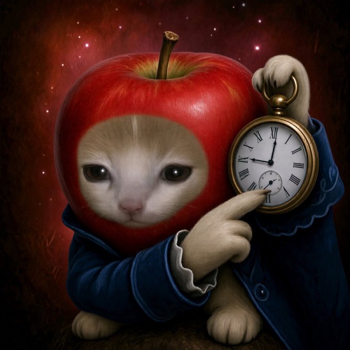 A whimsical digital painting of a cat's face inside a red apple costume, wearing a blue coat and holding a gold pocket watch against a starry dark red background.