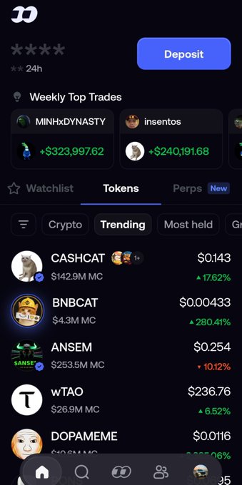 A mobile app screenshot of a crypto trading platform showing a 'Weekly Top Trades' section and a 'Trending' token list including CASHCAT, BNBCAT, ANSEM, wTAO, and DOPAMEME.