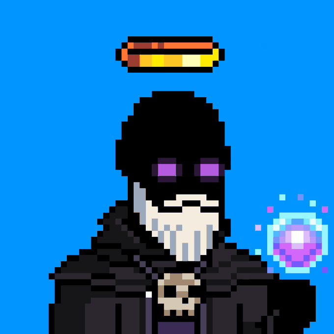 A pixel art illustration of a bearded figure with glowing purple eyes wearing a halo, holding a glowing orb against a blue background.