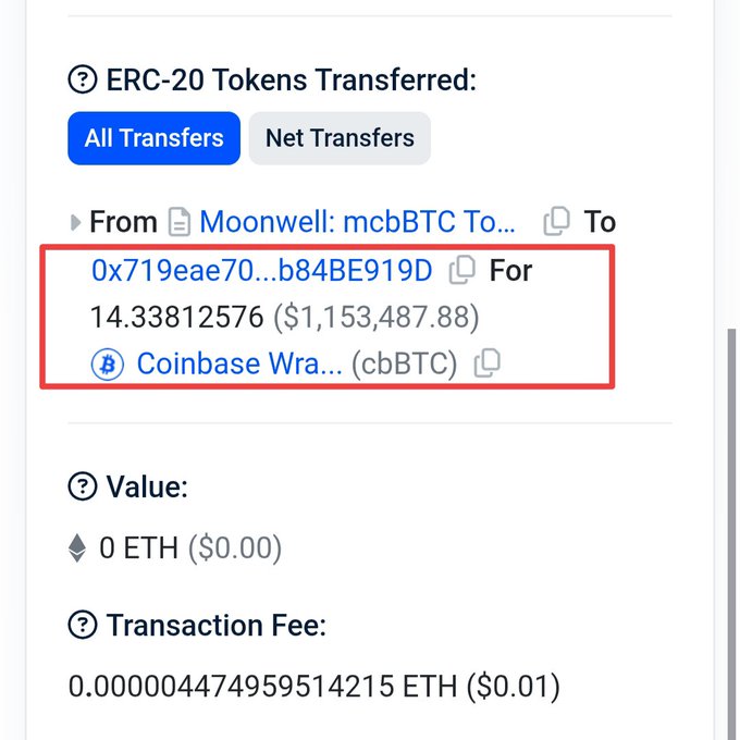 A screenshot of a blockchain transaction showing 14,500 ETH (~$50.8M) transferred from a Moonwell-related wallet to address "0xfaca...5a80", linked to the reported ~$8M exploit of MoonwellDeFi's collateral oracle on the Base network. The transaction hash 0xa9d8...4745 and the "Flashbots" bundle label suggest the attacker used a MEV bundle to execute the oracle manipulation exploit described in the post.