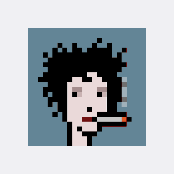 A pixel art image depicting a person with messy black hair smoking a cigarette, set against a blue background.