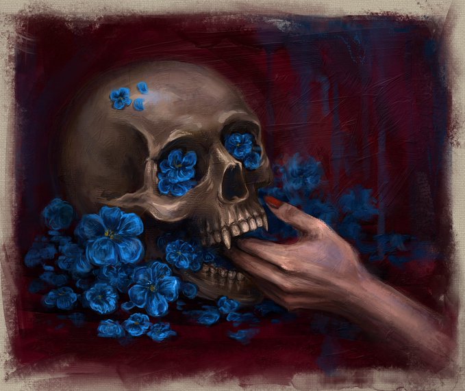 A moody painting shows a human skull with blue blossoms emerging from its eye sockets and surrounding its base, while a feminine hand with red-painted nails holds the skull's jaw against a deep red and blue background.