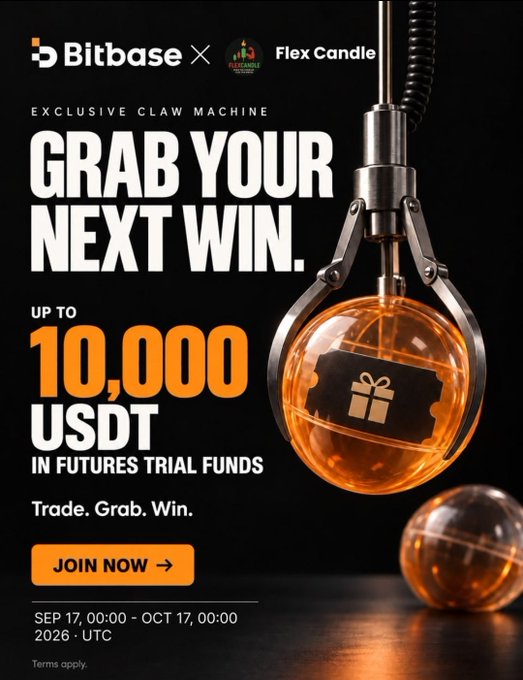 Promotional advertisement for a Bitbase x Flex Candle claw machine campaign offering up to 10,000 USDT in futures trial funds, running from September 17 to October 17, 2026 (UTC).