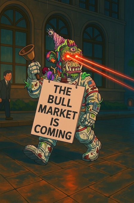 A monstrous, laser-eyed mutant dressed as a clown marches through a city street at night holding a sign reading "THE BULL MARKET IS COMING," perfectly capturing the post's bullish "GM to everyone, except the bears" sentiment by depicting an unstoppable bull charging in with chaotic, overwhelming force.