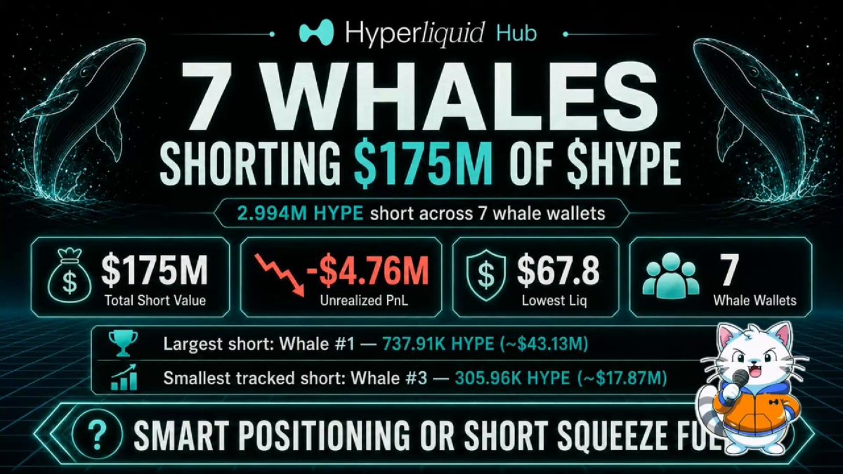 The image features a poster or sign with a cat and fish graphic, representing a company named "Hypeliquid Hub" which has been posted on social media platforms like Twitter and Instagram. The poster includes information about Hypeliquid Hub's financial performance in relation to whale activity in the stock market. Specifically, it shows that Hypeliquid Hub is shorting $175M worth of HYPE shares (a company named after a well-known character) across seven whale addresses, meaning they are betting against those specific shares or sectors. The poster also displays various amounts and details about the unrealized PnL and the positions held by Hypeliquid Hub in the market.