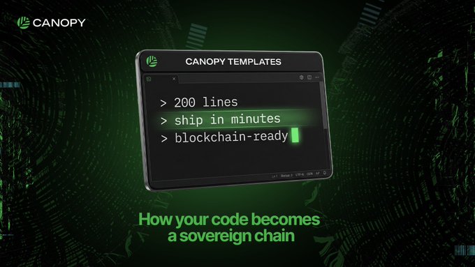 Dark green tech-themed advertisement for 'CANOPY' featuring a terminal display showing '> 200 lines', '> ship in minutes', '> blockchain-ready', with the tagline 'How your code becomes a sovereign chain'.
