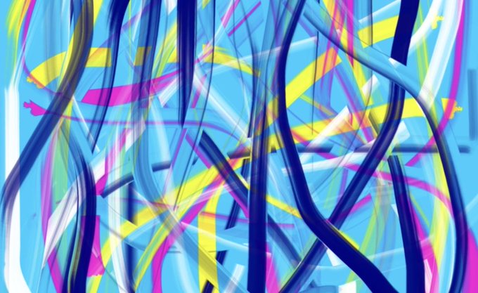An abstract digital artwork featuring overlapping, chaotic curving lines and geometric shapes in vibrant shades of blue, pink, yellow, and green.