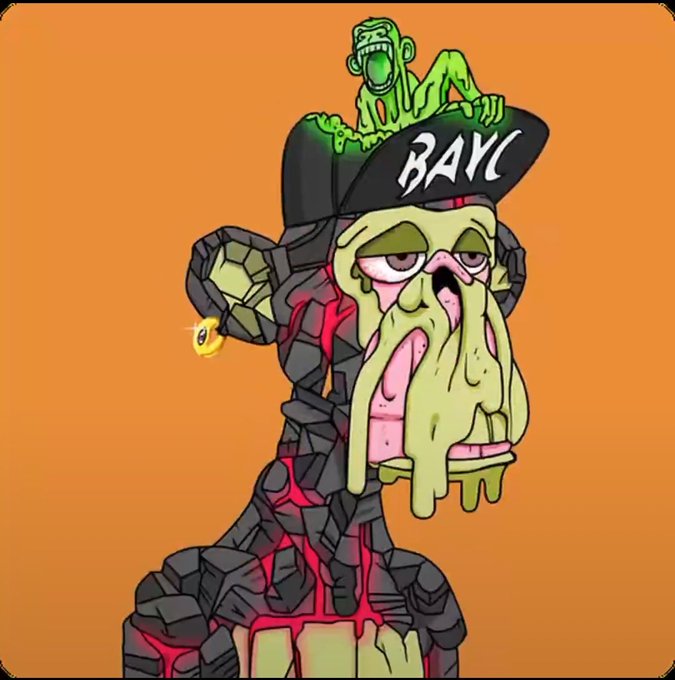 The image features a cartoon monkey with a green hat, wearing a black baseball cap that has "BAYC" written on it. The monkey appears to be dripping or oozing something, possibly blood, which gives it an eerie appearance. The background of the image is orange and yellow, creating a striking contrast with the monkey's dark attire. There are no other objects in the image besides the monkey itself.