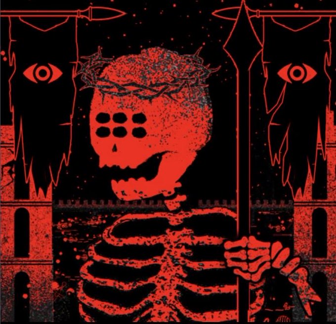 A red and black stylized illustration of a skeletal figure wearing a crown of thorns and holding a staff, flanked by castle towers and eyes.