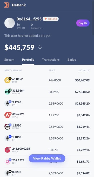 DeBank portfolio screenshot showing wallet address 0x6164...f255 with $445,759 total value, listing BNB, WHYPE, ETH, AVAX, WETH, WEPE, UNI holdings and a "View Rabby Wallet" button.