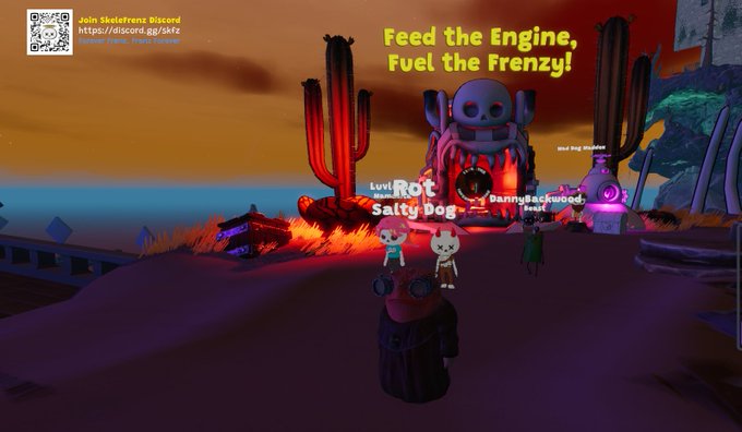 A screenshot from a Roblox game showing characters near a skull shrine with the text 'Feed the Engine, Fuel the Frenzy!' and player names 'Salty_bog', 'Rot', and 'DannysBackswood'.